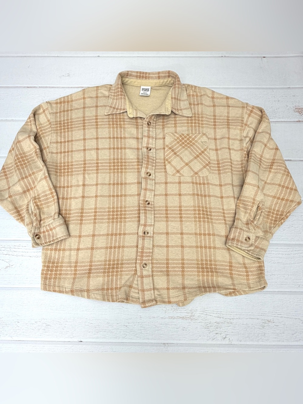 PINK Victoria’s Secret Plaid Shacket Size M Beige Tan Oversized